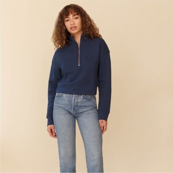 Reformation Marla Half Zip Cropped Sweatshirt in Navy - Picture 9 of 9
